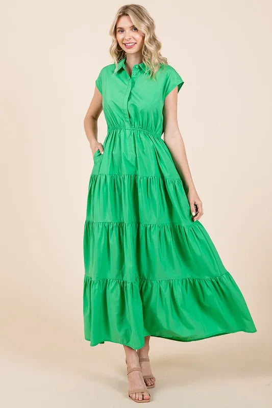Button Up Collared Tiered Maxi Shirt Dress in Apple Green - product view 1