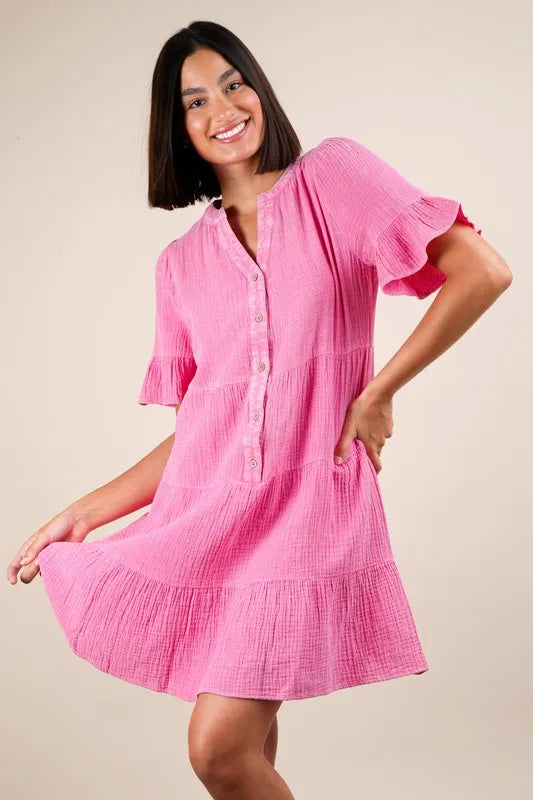 Plus Size Mineral Washed Woven Mini Dress in Pink - product view 4