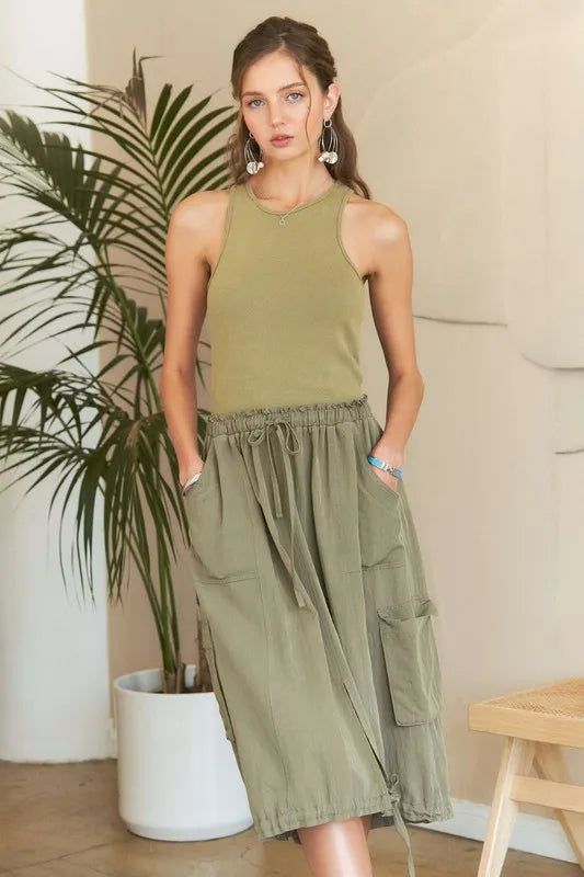 Drawstring Sleeveless Washed Dress - Lt Olive - product view 2