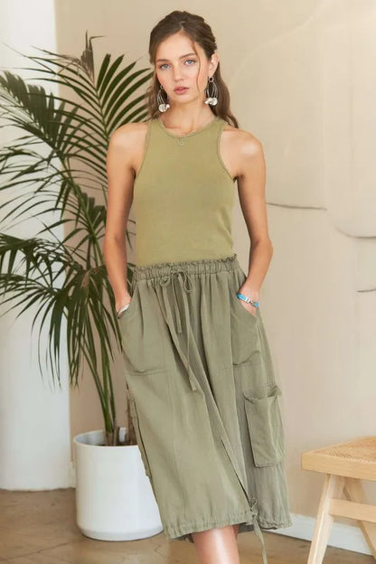 Drawstring Sleeveless Washed Dress - Lt Olive - product view 2