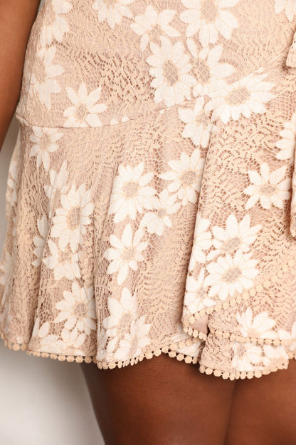 Floral Lace Pompom Detail Tie-Waist Flutter Sleeve Dress in Tan - product view 11
