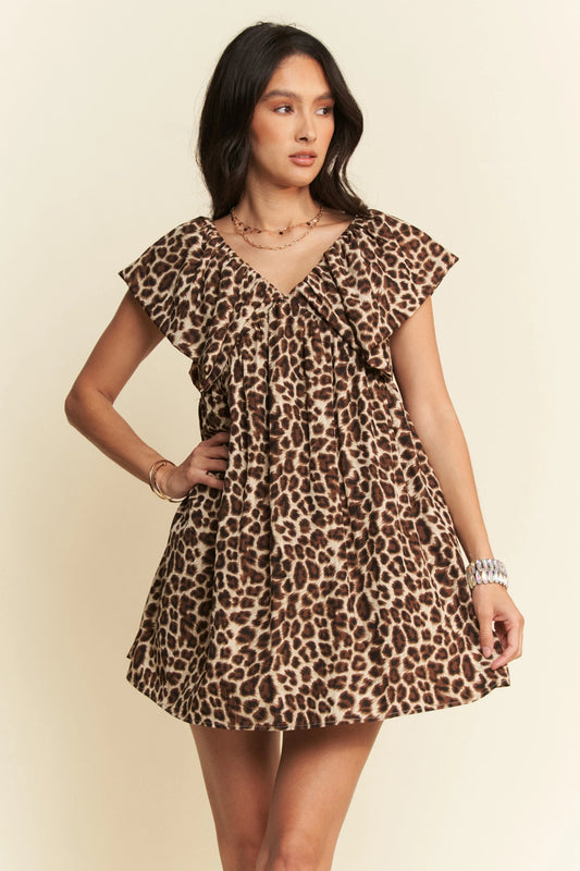 Animal Printed Velvet Ribbon Mini Dress in Leapard Brown - product view 1