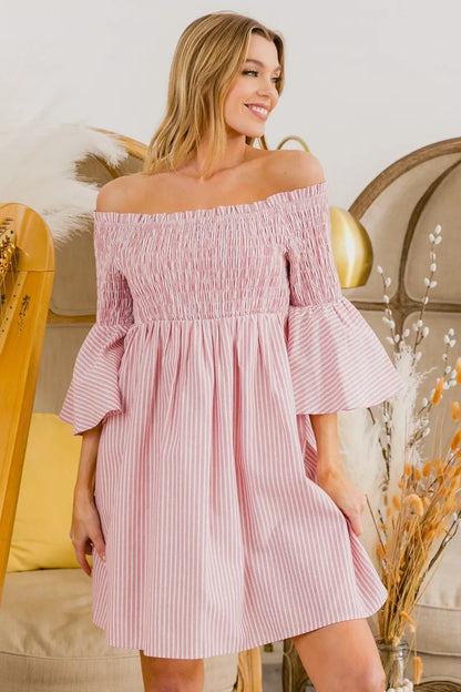 Smocked Off Shoulder Striped Dress - Blush - product view 3
