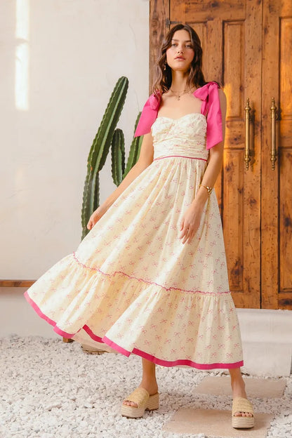 Ribbon Flowy Maxi Dress with Contrast Trim in Cream/Pink - product view 1