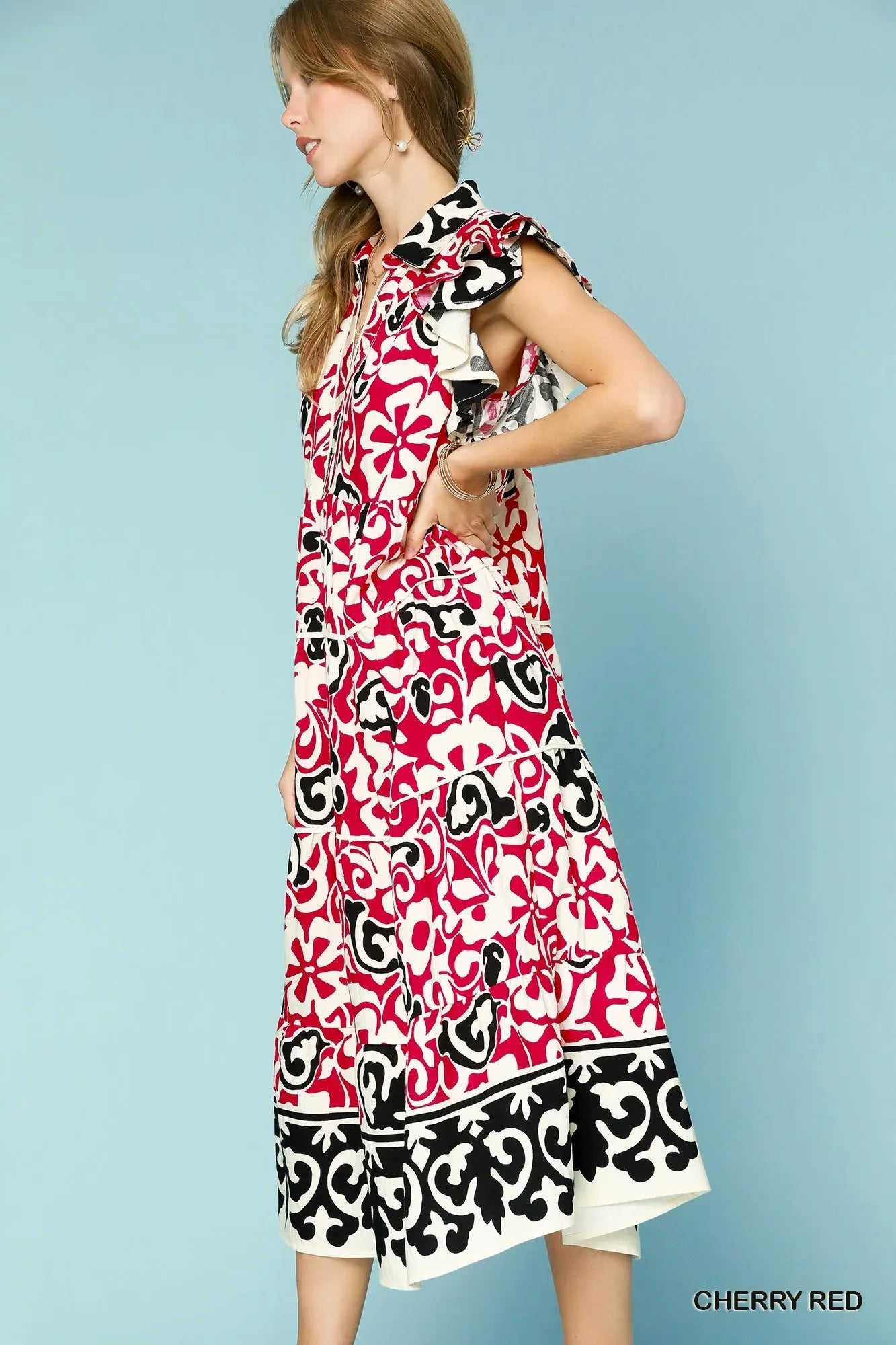 Printed Ruffled Cap Sleeve Midi Dress in Cherry Red - product view 2