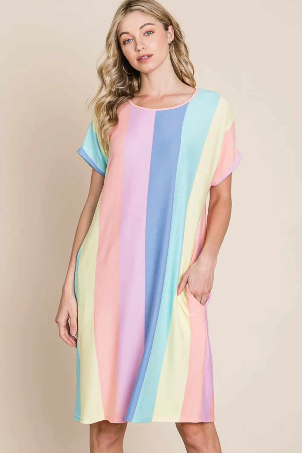 Striped Short Sleeve Dress with Pockets - Stripe - BOMBOM - Style 41996 - product view 5