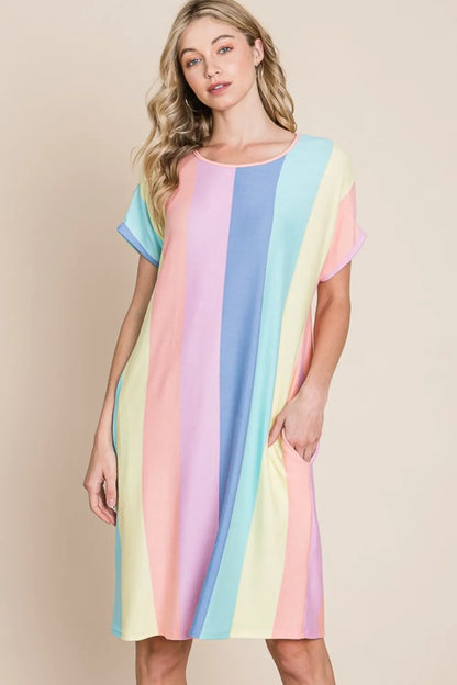 Striped Short Sleeve Dress with Pockets - Stripe - BOMBOM - Style 41996 - product view 5