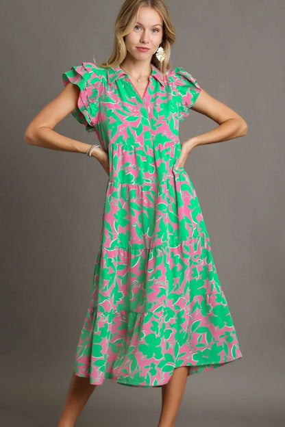 Full Size Floral Collared Ruffle Cap Sleeve Midi Dress Plus Size in Emerald Mix - product view 1