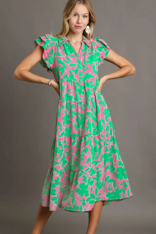 Full Size Floral Collared Ruffle Cap Sleeve Midi Dress Plus Size in Emerald Mix - product view 1