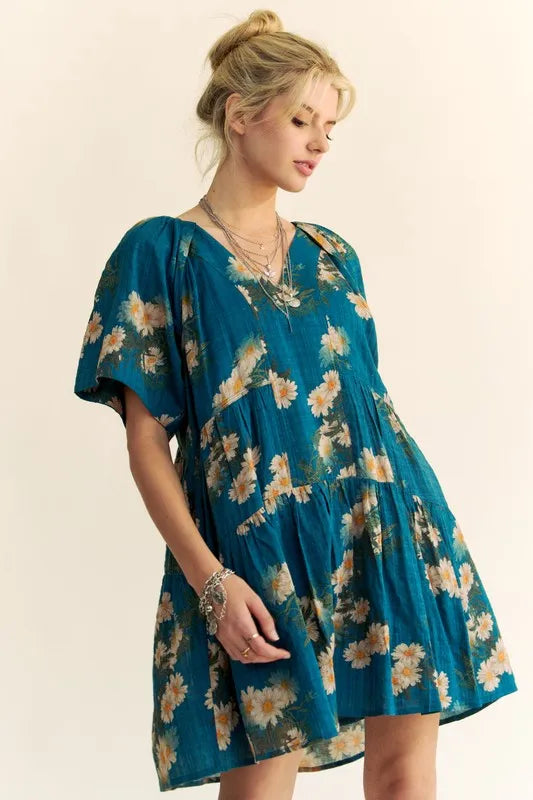 Floral Print Short Bell Sleeve Pleated Mini Dress in Teal Blue - product view 4