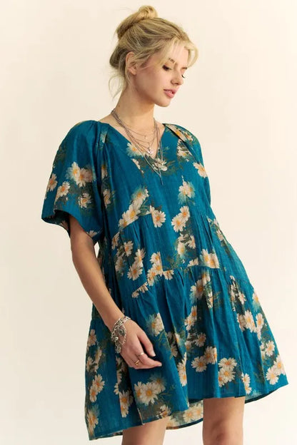 Floral Print Short Bell Sleeve Pleated Mini Dress in Teal Blue - product view 4