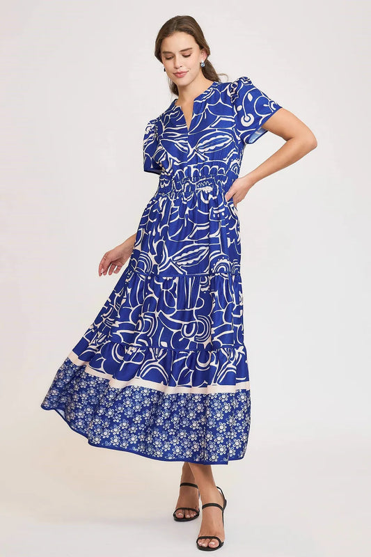 Full Size Printed Notched Short Sleeve Tiered Dress Plus Size - Royal Blue - product view 1