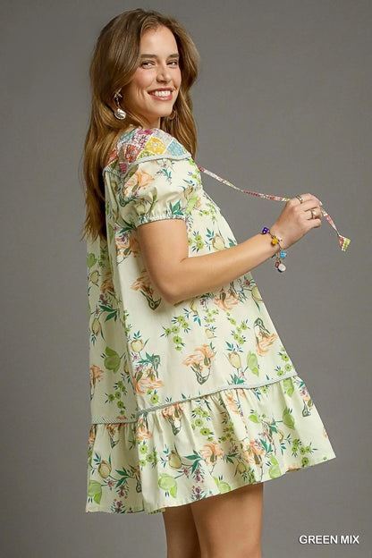Floral Print Tie Neck Puff Sleeve Dress - Green Mix - product view 2