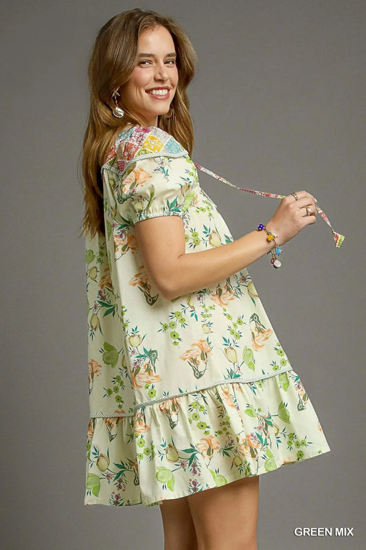 Floral Print Tie Neck Puff Sleeve Dress - Green Mix - product view 2