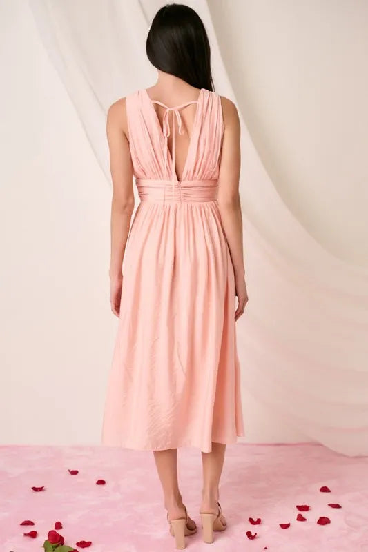 Ruched V-Neck Sleeveless Midi Dress in Blush - product view 2