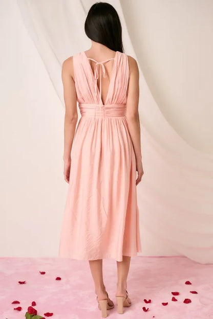 Ruched V-Neck Sleeveless Midi Dress in Blush - product view 2