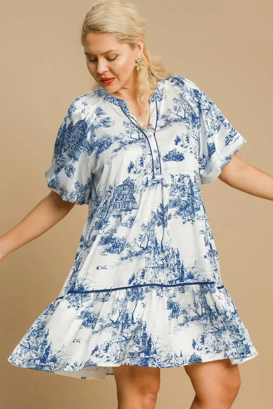 Full Size Two Tone Landscape Print Dress Plus Size - Blue - product view 2