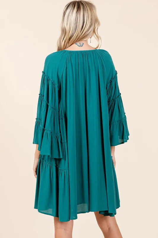 Frill Tie Neck Bell Sleeve Dress - Teal Green - product view 2