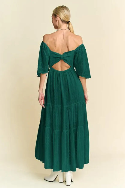 Swiss Dotted Ruched Ruffle Open Back Midi Dress in Forest Green - product view 3
