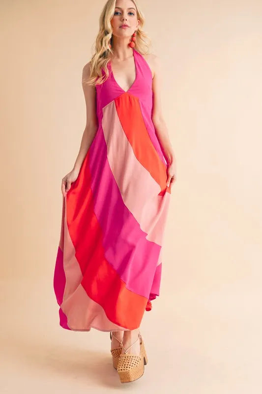 Color Block Sleeveless Maxi Dress in Pink Combo - product view 7