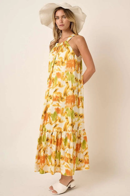 Watercolor Print Halter Neck Satin Maxi Dress in Orange - product view 6