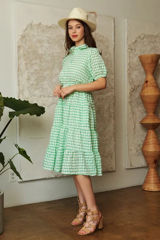 Checkered Puff Sleeve Tiered Shirt Dress in Green - product view 9