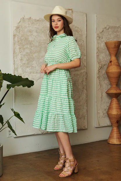 Checkered Puff Sleeve Tiered Shirt Dress in Green - product view 9
