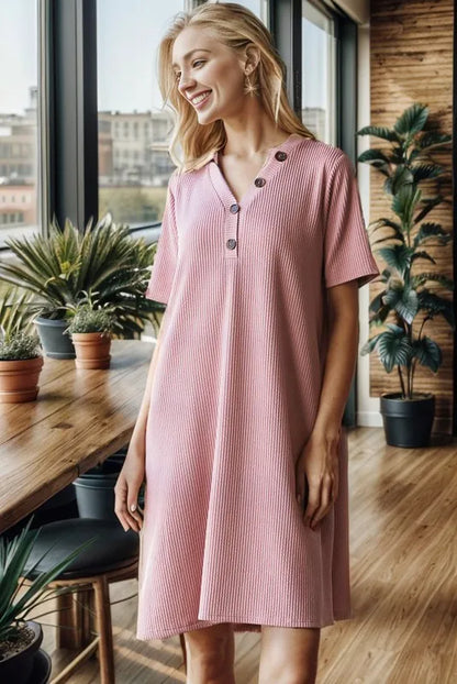 Full Size Solid Ribbed Mini Dress with Button Plus Size in Rose - product view 1