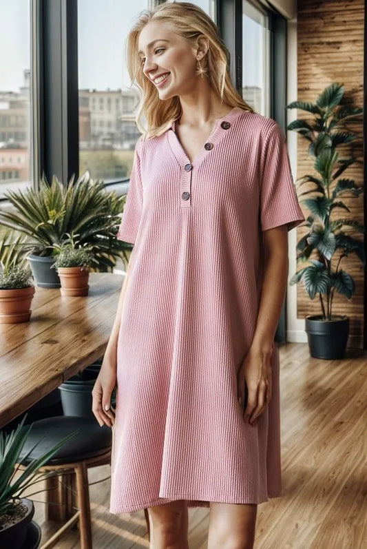 Full Size Solid Ribbed Mini Dress with Button Plus Size in Rose - product view 1