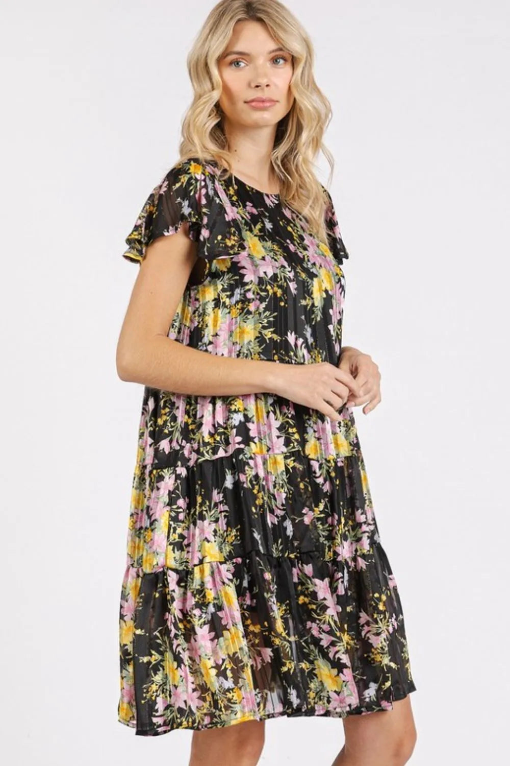 Flower Print Round Neck Flutter Sleeve Tiered Dress in Black - product view 3