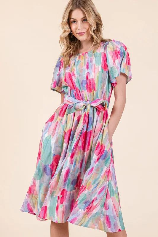 Watercolor Print Tie Front Midi Dress - Pink Combo - product view 5