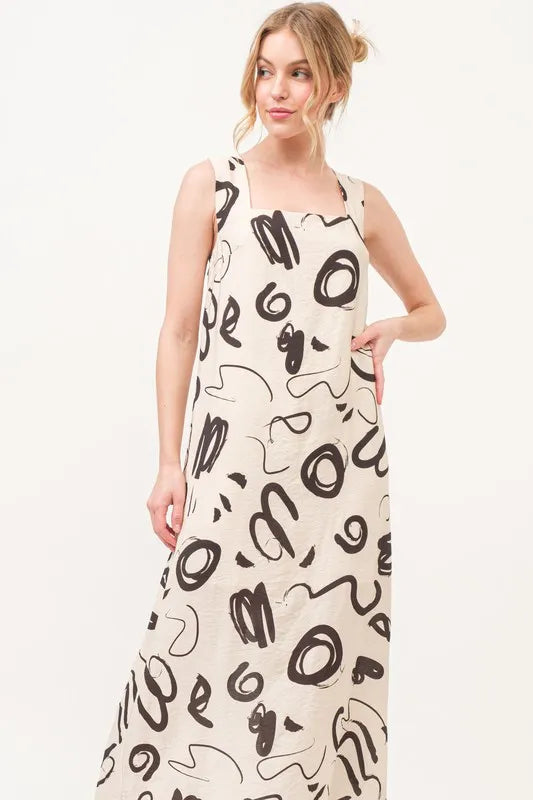 Square Neck Abstract Printed Maxi Dress in Beige - product view 4