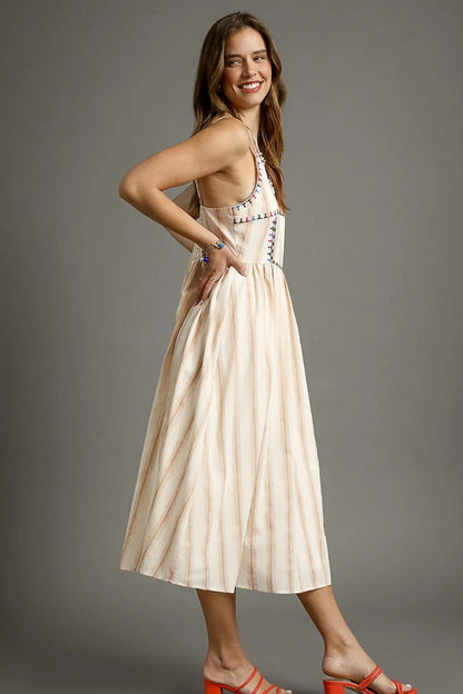 Striped Colorful Embroidered Trim Cami Dress - Tan - product view 3