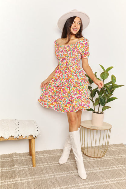 Smocked Sweetheart Neck Flounce Sleeve Mini Dress in Strawberry - product view 5