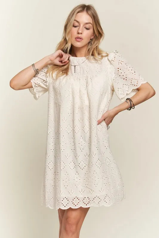 Ruffled Eyelet Round Neck Dress in Natural - product view 2