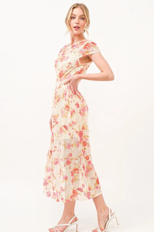 Fish-Net Floral Printed Midi Dress in Multi - product view 2