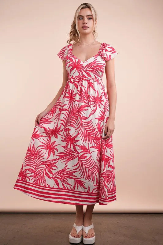 Tropical Printed Midi Summer Boho Dress in Tomato Mix - product view 1
