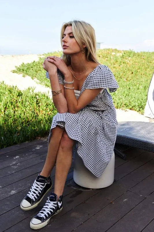 Jacquard V-Neck Flutter Cap Sleeve Tiered Dress in Black Ivory - product view 8