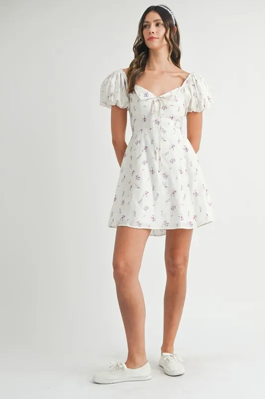 Floral Print Puff Sleeve Mini Dress - Off White - product view 11
