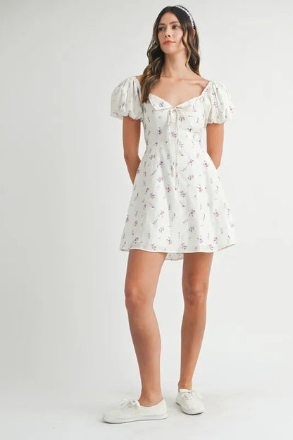 Floral Print Puff Sleeve Mini Dress - Off White - product view 11