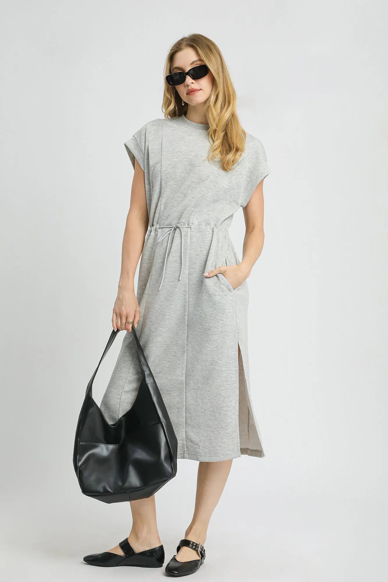 Side Slit Short Sleeve Midi Tee Dress - Light Gray - product view 1