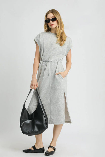 Side Slit Short Sleeve Midi Tee Dress - Light Gray - product view 1