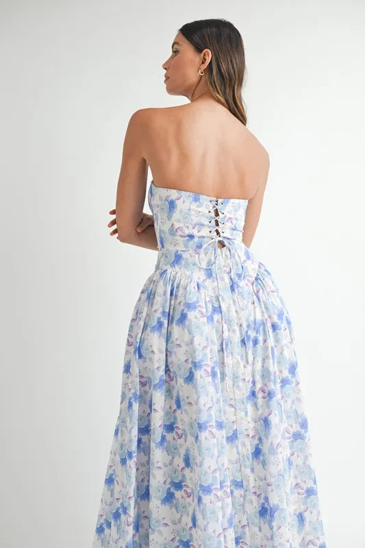 Sweetheart Neckline Floral Printed Midi Dress in Blue - product view 8