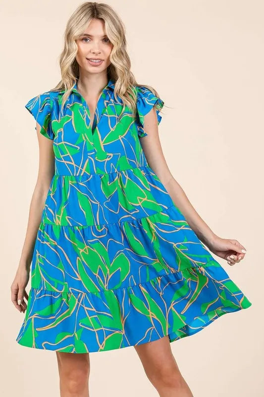 Leaf Print Ruffle Sleeve Tiered Mini Dress - Blue - product view 3