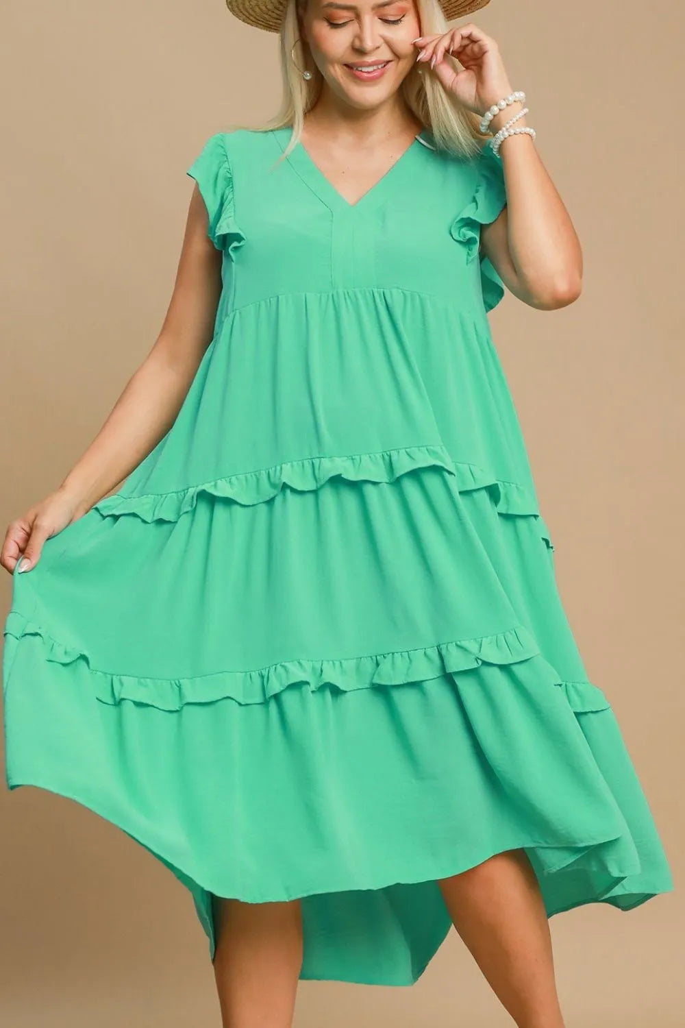 Full Size Ruffle Tiered Cap Sleeve Midi Dress Plus Size in Emerald - product view 4