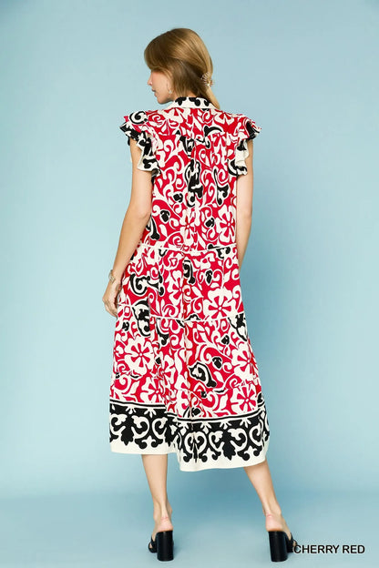 Printed Ruffled Cap Sleeve Midi Dress in Cherry Red - product view 3