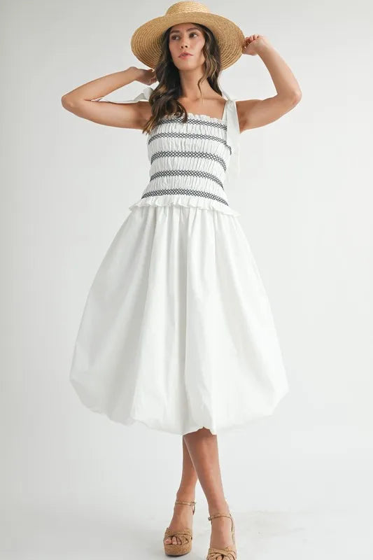 Smocked Bodice Bubble Midi Dress in Off White - product view 4