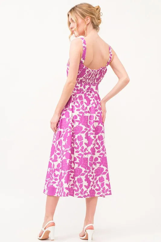 Square Neck Belted Floral Printed Midi Dress in Magenta - product view 3