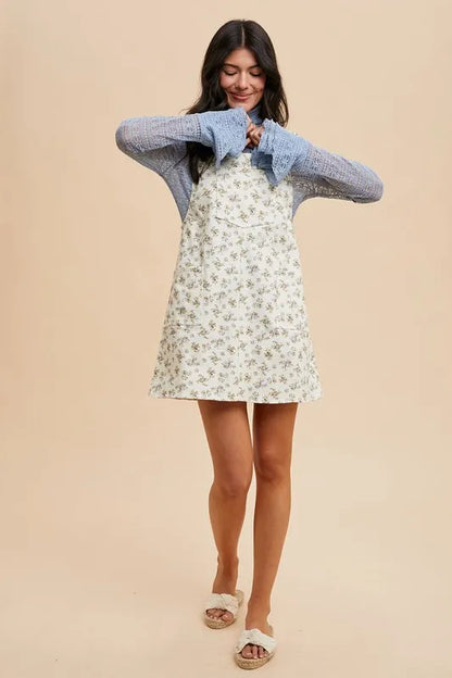 Stretch Ditsy Print Denim Overall Mini Dress in Ivory - product view 6