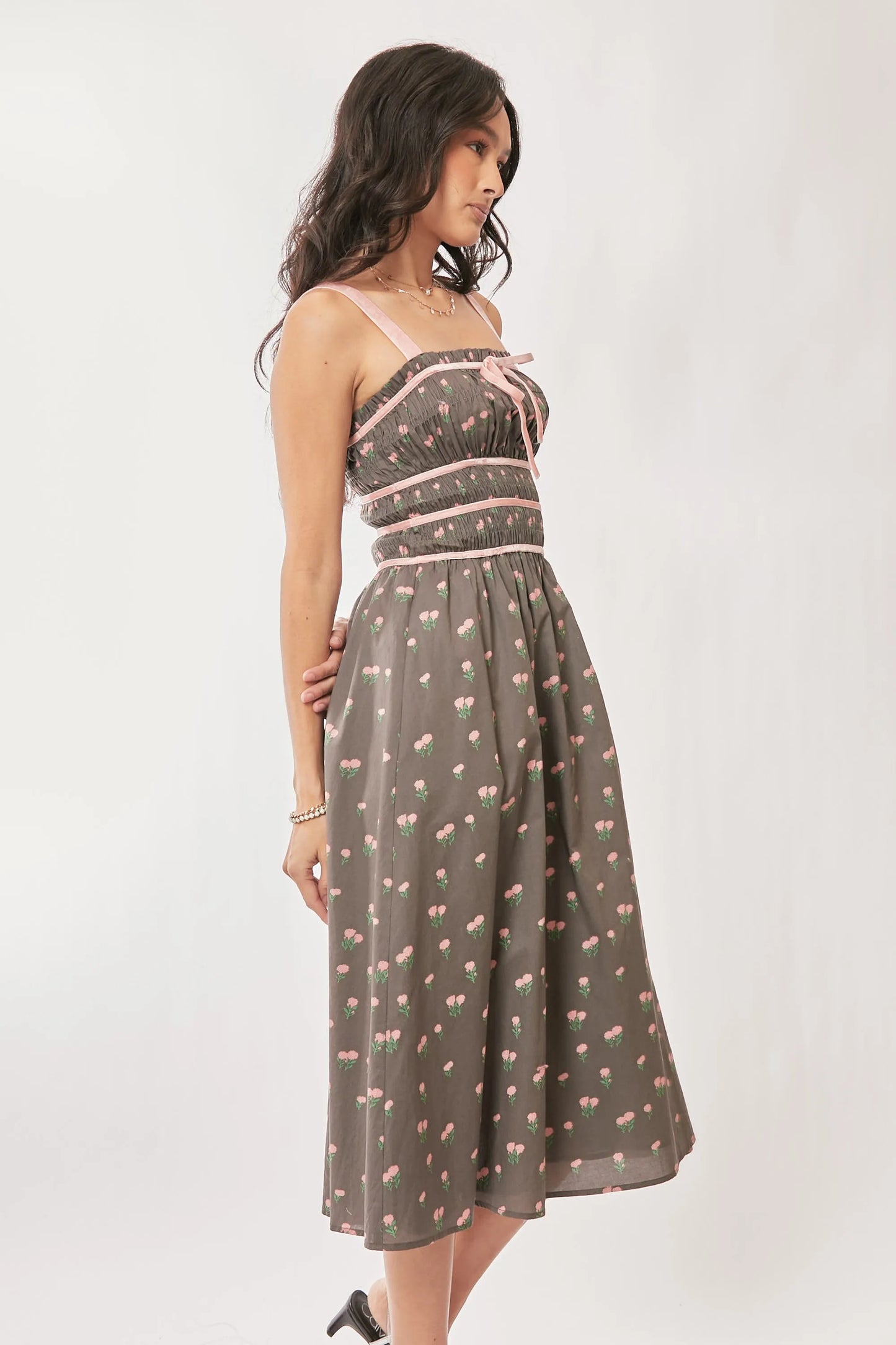 Contrast Velvet Tape Smocking Bodice Midi Dress in Mocha Brown - product view 8